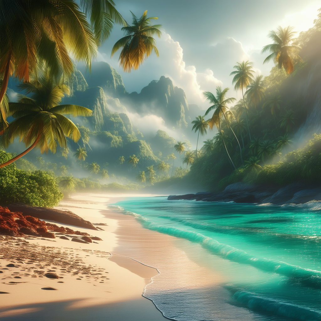 Nature Technical Illustration: (mist:1.15) Over Tropical Beach With Beautifully Drawn