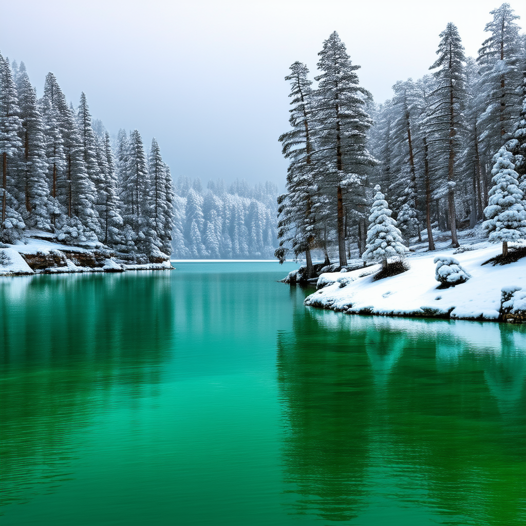 Nature Graphic Design: Crystal Clear (lake:1.23) Surrounded By Snow-covered Trees With Serene Lake