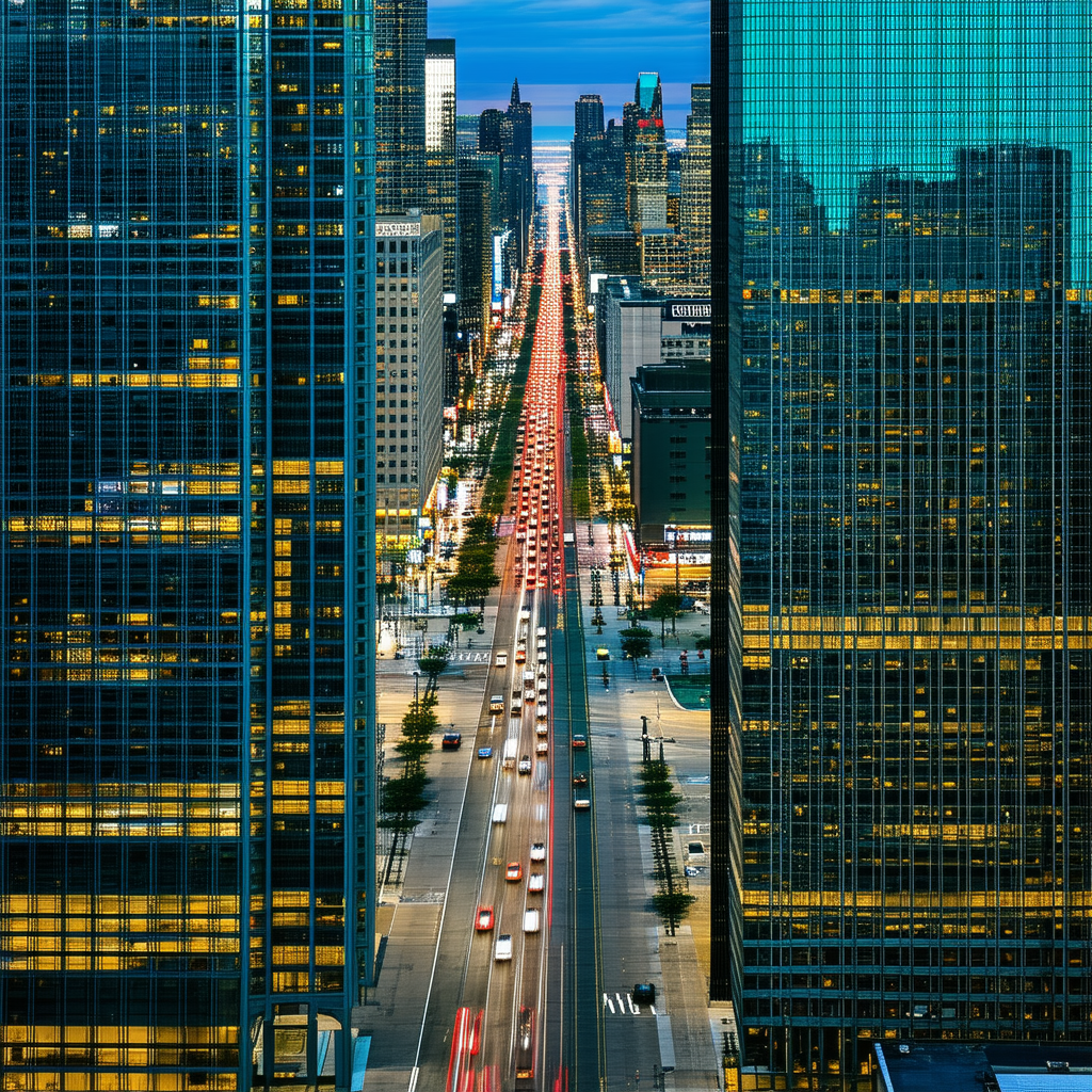 Urban Drone Photography: Cityscape Of Downtown District During Rush Hour With Busy City