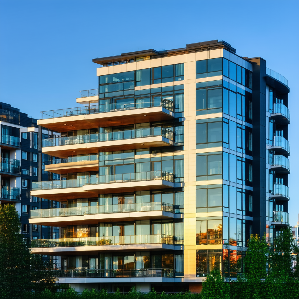 Urban Architectural Photography: Modern Apartment Complex With Reflective Glass With Large, Modern