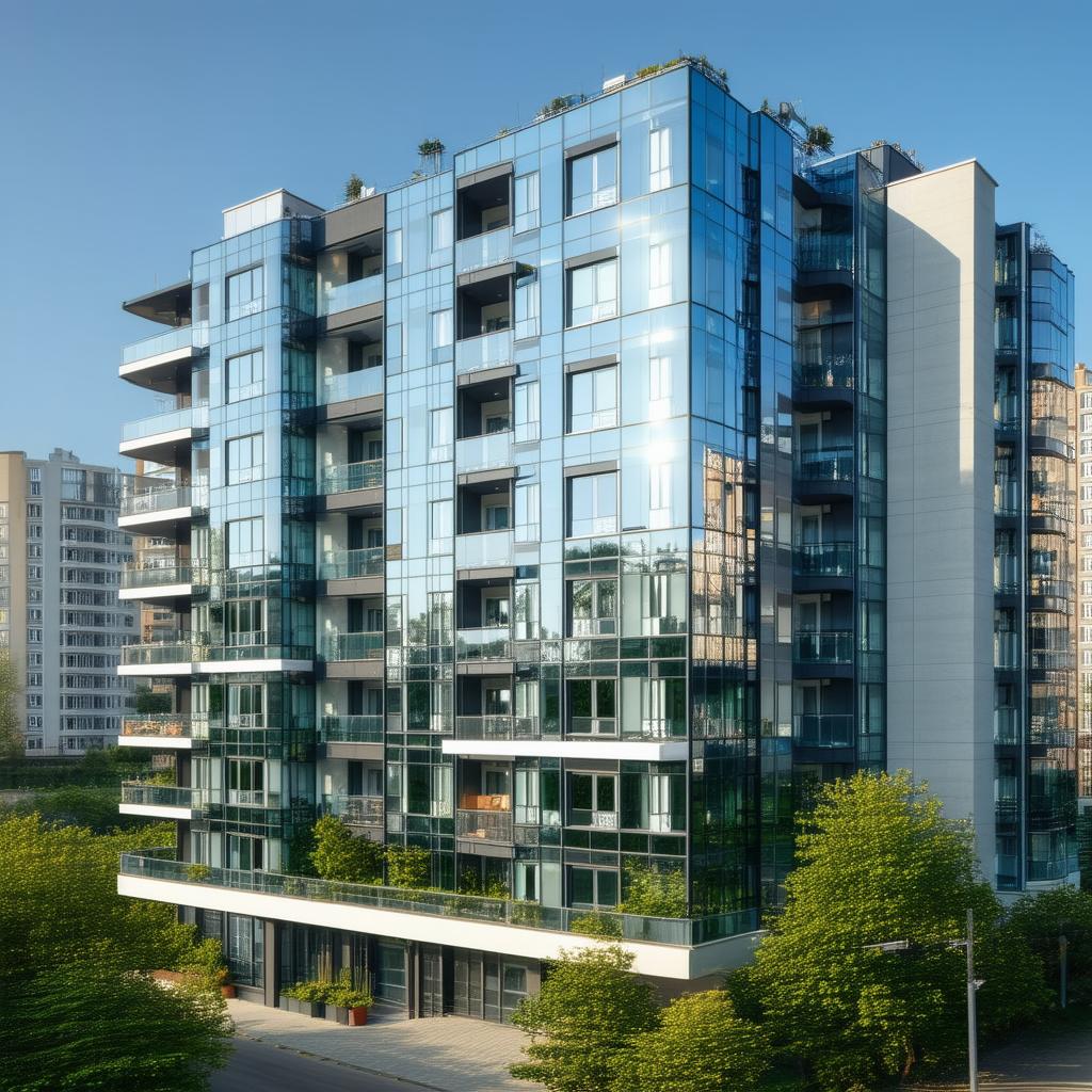Urban Architectural Photography: (modern:1.16) Apartment Complex With Reflective Glass With Large Blue