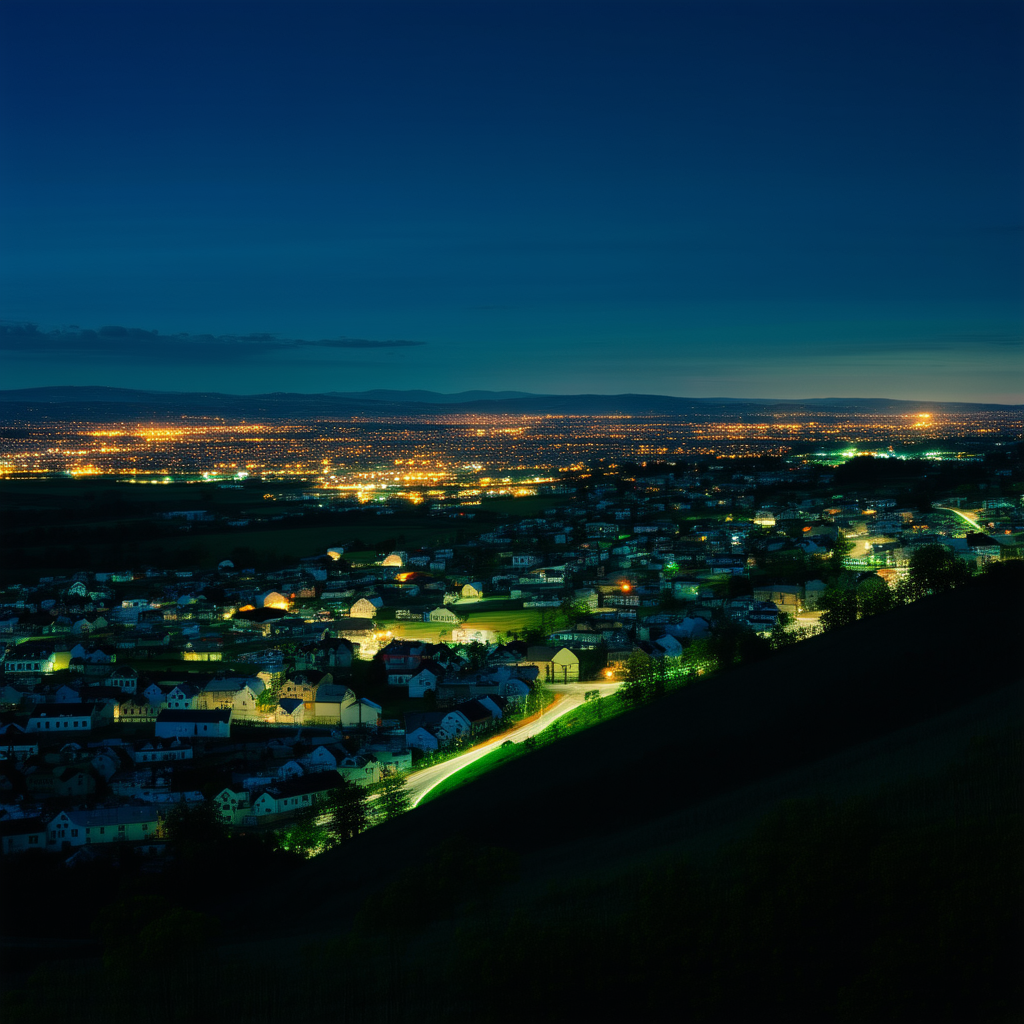 Urban Stock Photography: Cityscape Of Small Town During Night With Nighttime View