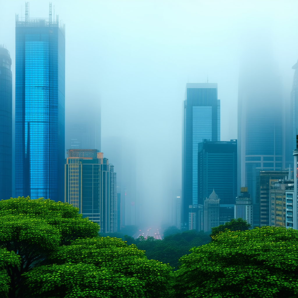 Urban Advertising Photography: Cityscape Of Downtown District During Foggy Morning With Cityscape Large