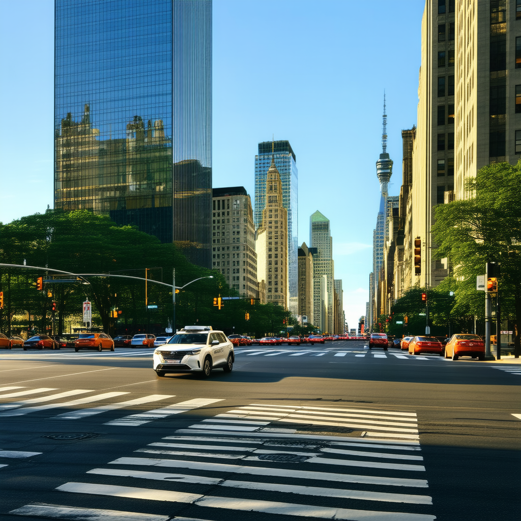 Urban Commercial Photography: (city:1.49) Rideshare In Busy Intersection With Busy City
