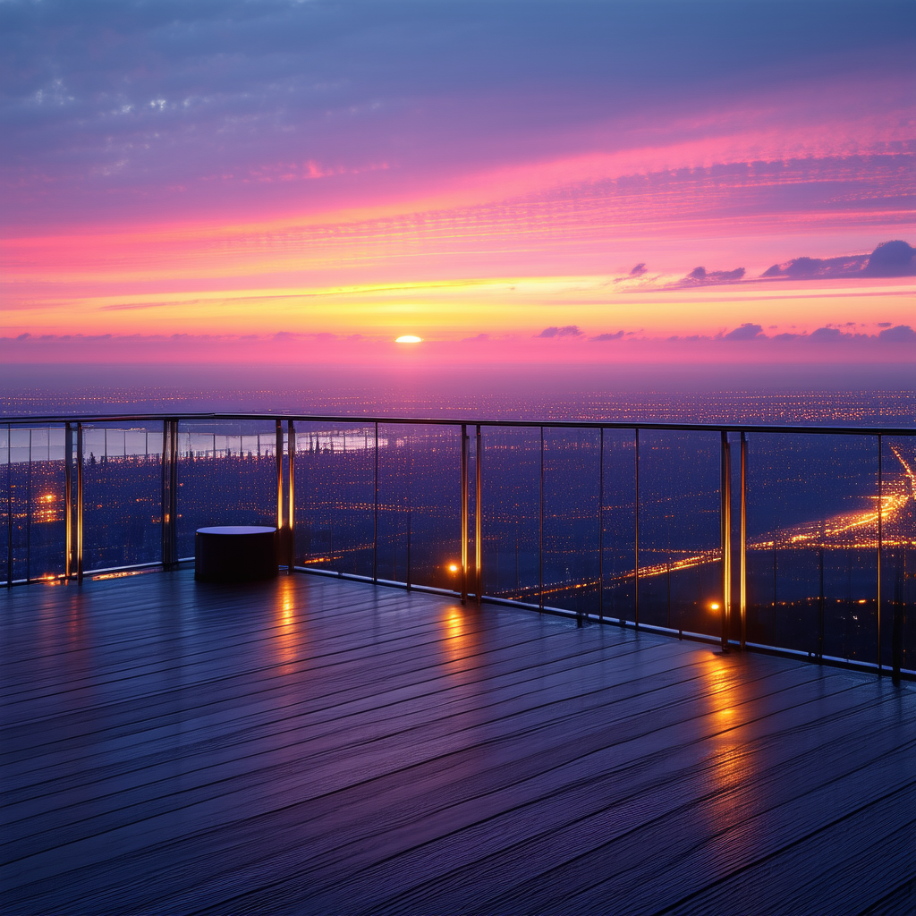Urban Digital Art: Observation Deck With Sunset Glow With Beautiful Sunset