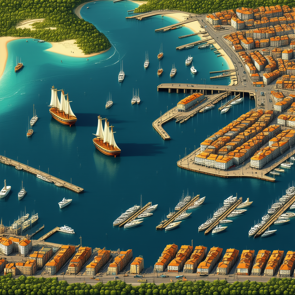 Urban Isometric Design: Aerial view of harbor district