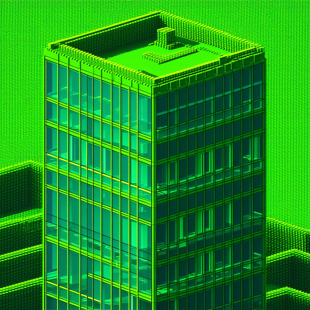 Urban Voxel Art: Glass Office Tower With Green Rooftop With Large, Green