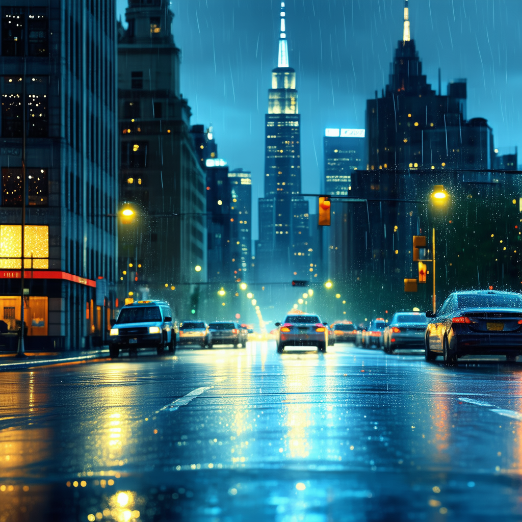 Urban Blender Artwork: Cityscape Of Downtown District During Rainy Evening With Busy City