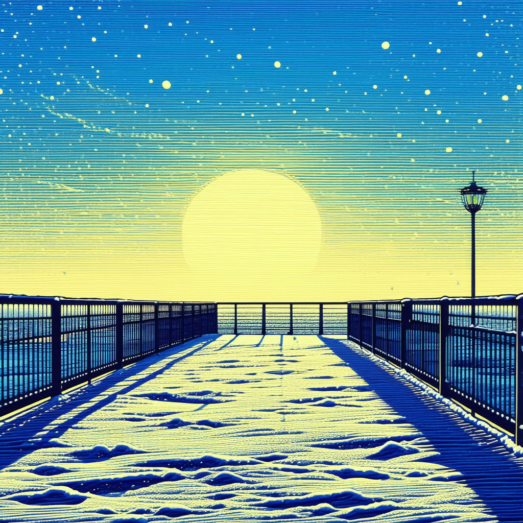 Urban Linocut Print: Observation Deck With Snow Covering With Painting Snowy