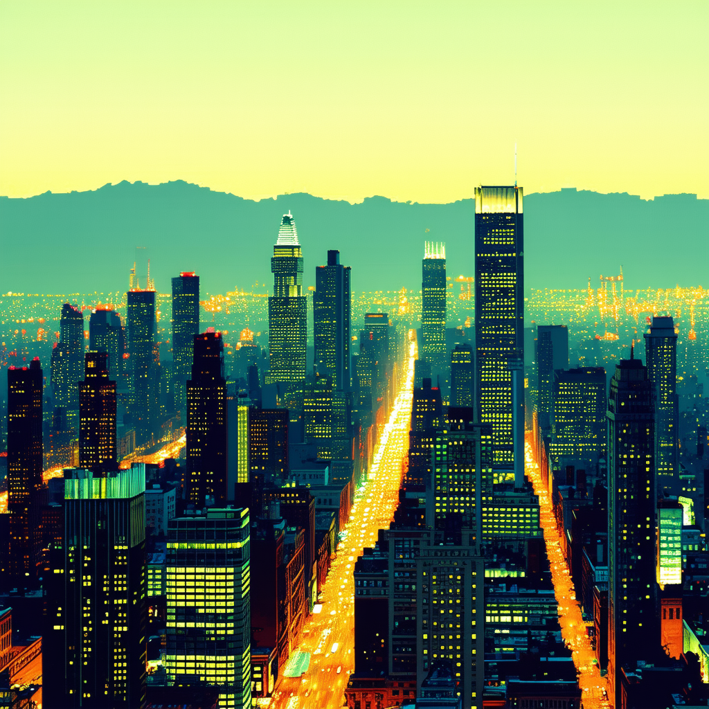 Urban Lithograph: Cityscape Of Downtown District During Night With Vibrant, Colorful,