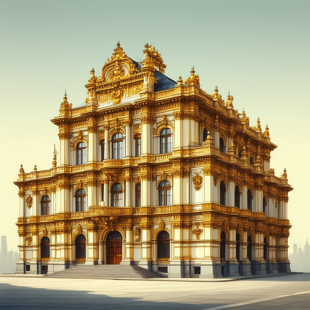 Urban Lithograph: Historic Building With Ornate Details With Large, Ornate