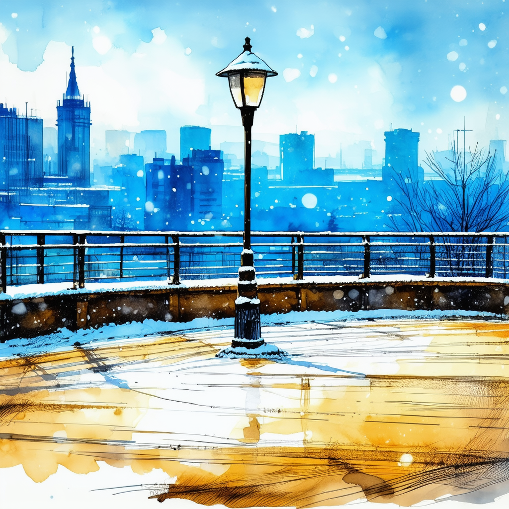 Urban Ink Drawing: Observation Deck With Snow Covering With Image, There