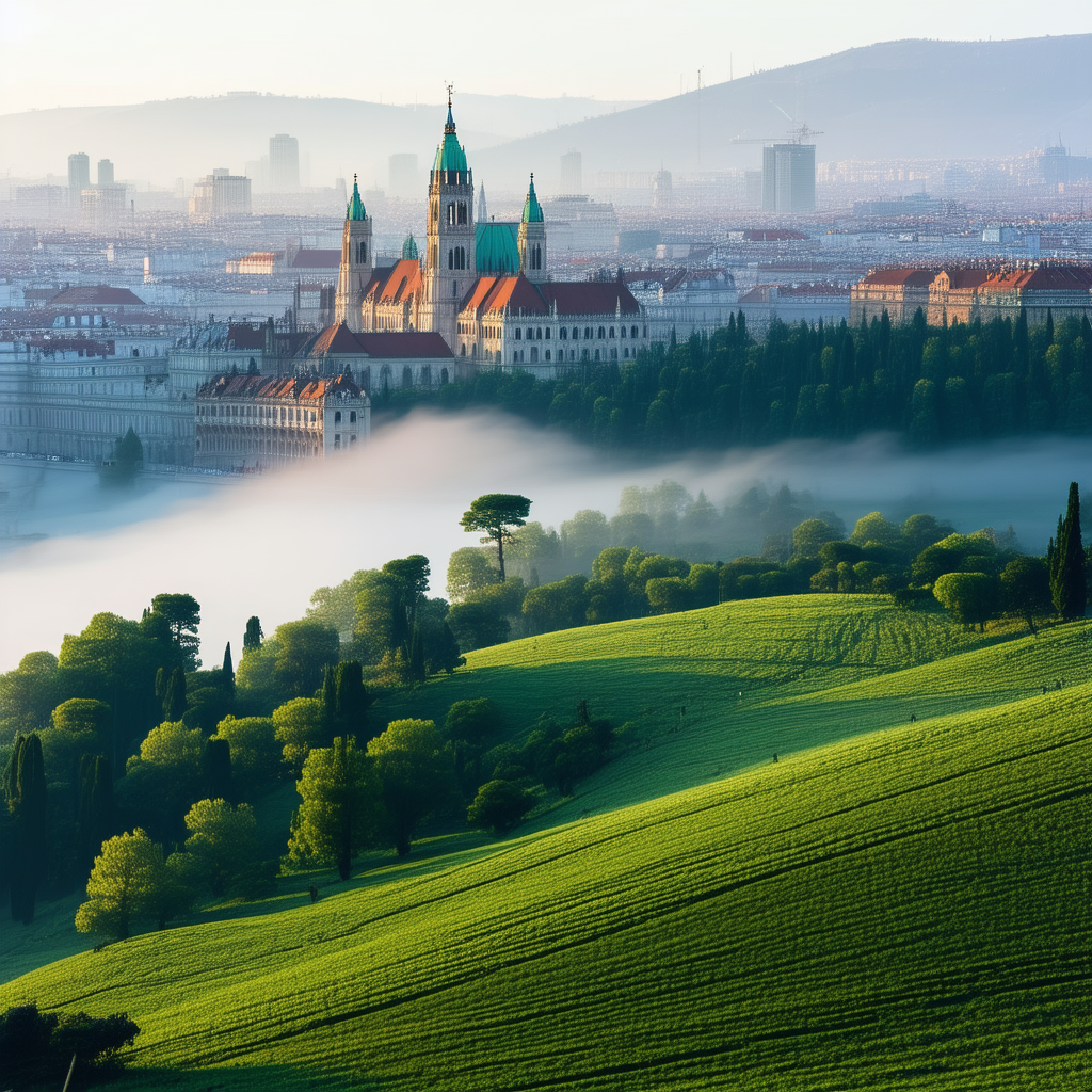 Urban Lithograph: Cityscape Of Historic (city:1.32) Center During Foggy Morning With Beautiful Landscape