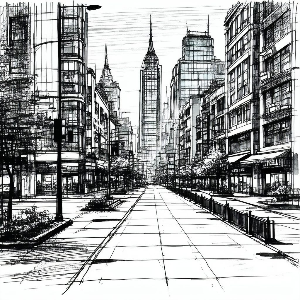 Urban Ink Drawing: Urban Shopping District Scene With City Street