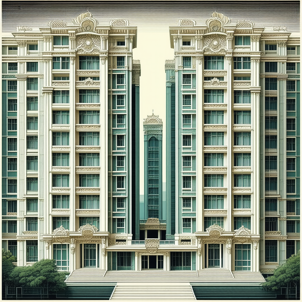 Urban Linocut Print: (modern:1.44) Apartment Complex With Ornate Details With Painting Large