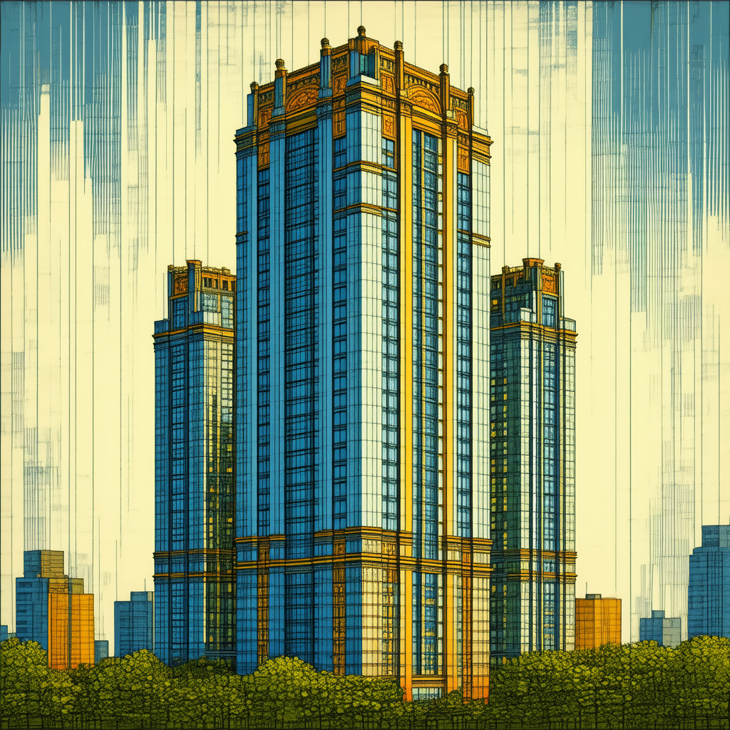 Urban Woodcut Print: Skyscraper With Artistic Facade With Painting Large,