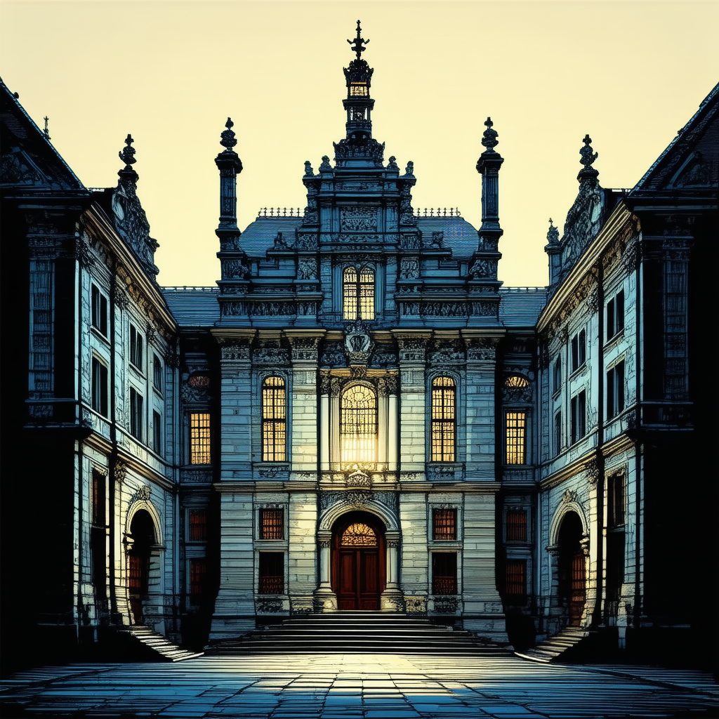 Urban Woodcut Print: Historic Building With Dramatic Lighting With Black White