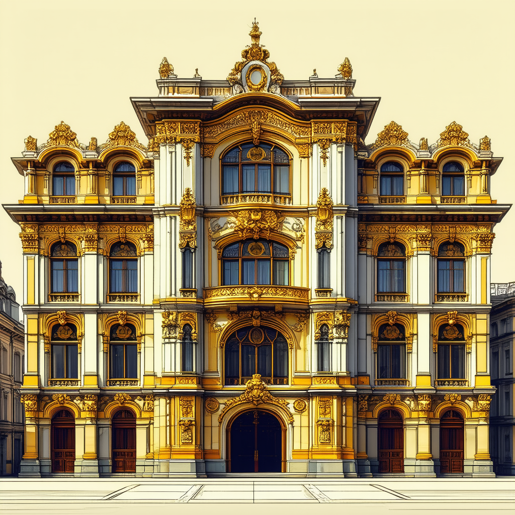 Urban Infographic Style: Historic Building With Ornate Details With Drawing Large,