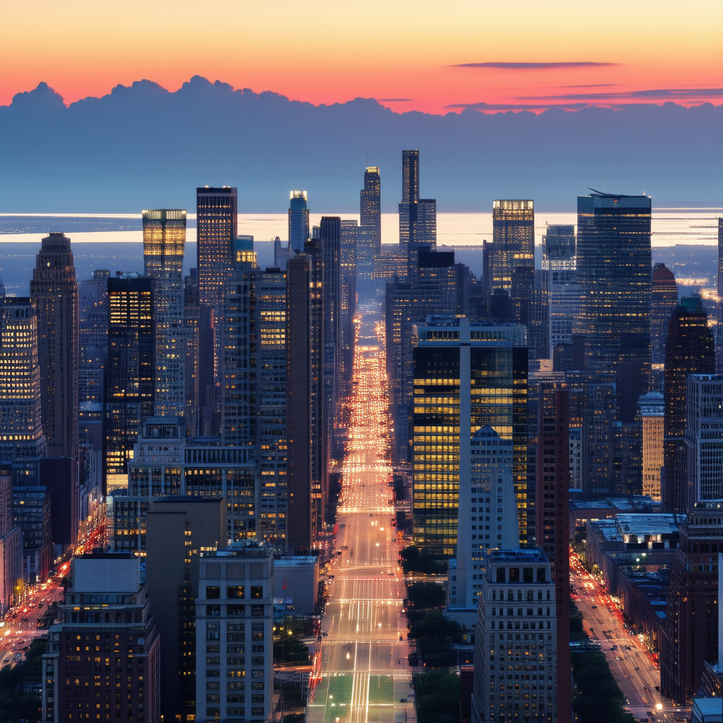 Urban Abstract Design: Cityscape Of Downtown District During Sunset With Nighttime View