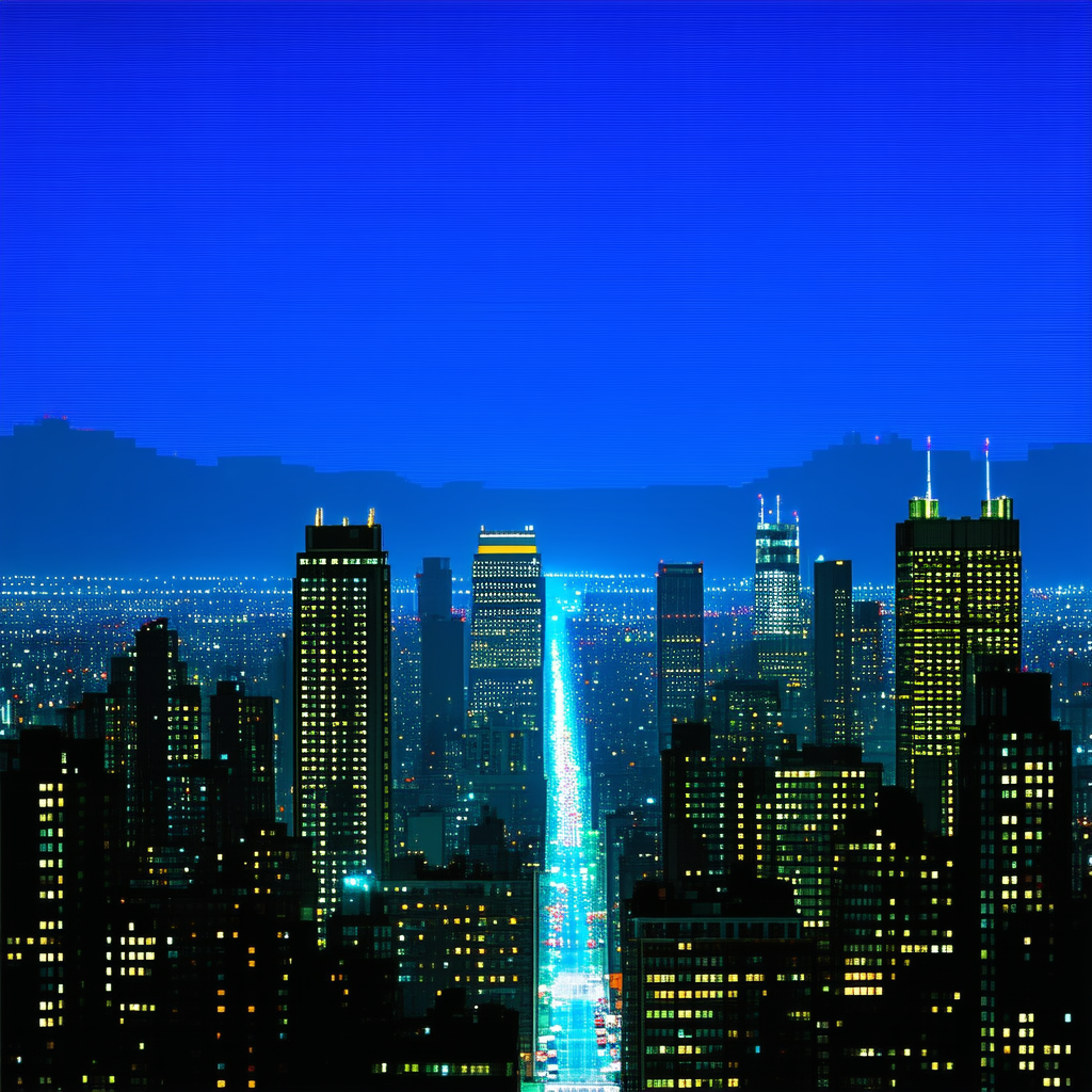 Urban Graphic Design: Cityscape Of Downtown District During Night With Nighttime Cityscape