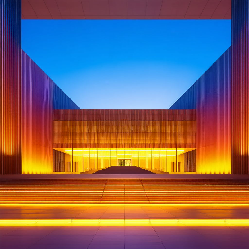 Urban Geometric Design: Cultural Center With (sunset:1.38) Glow With Large Building