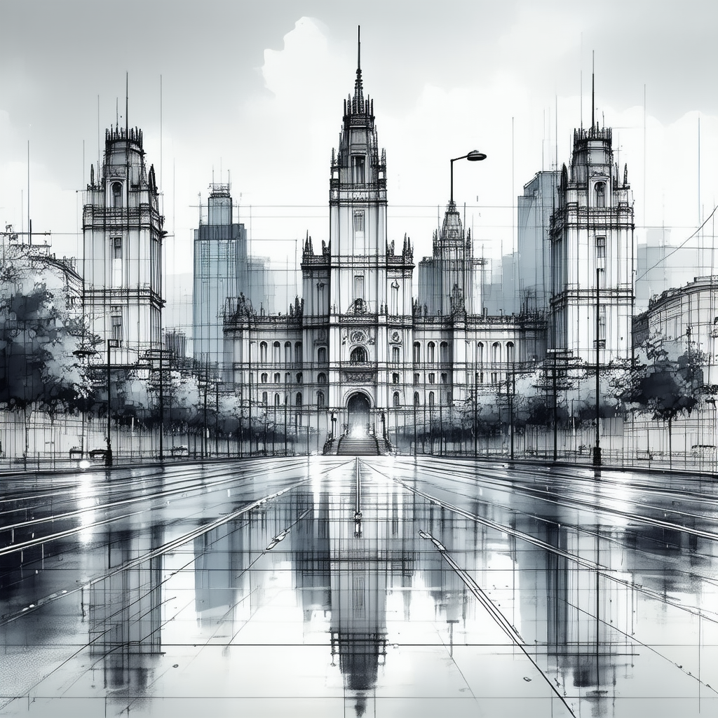 Urban Blueprint Style: Famous Building With Rain-slicked Streets With Image, There