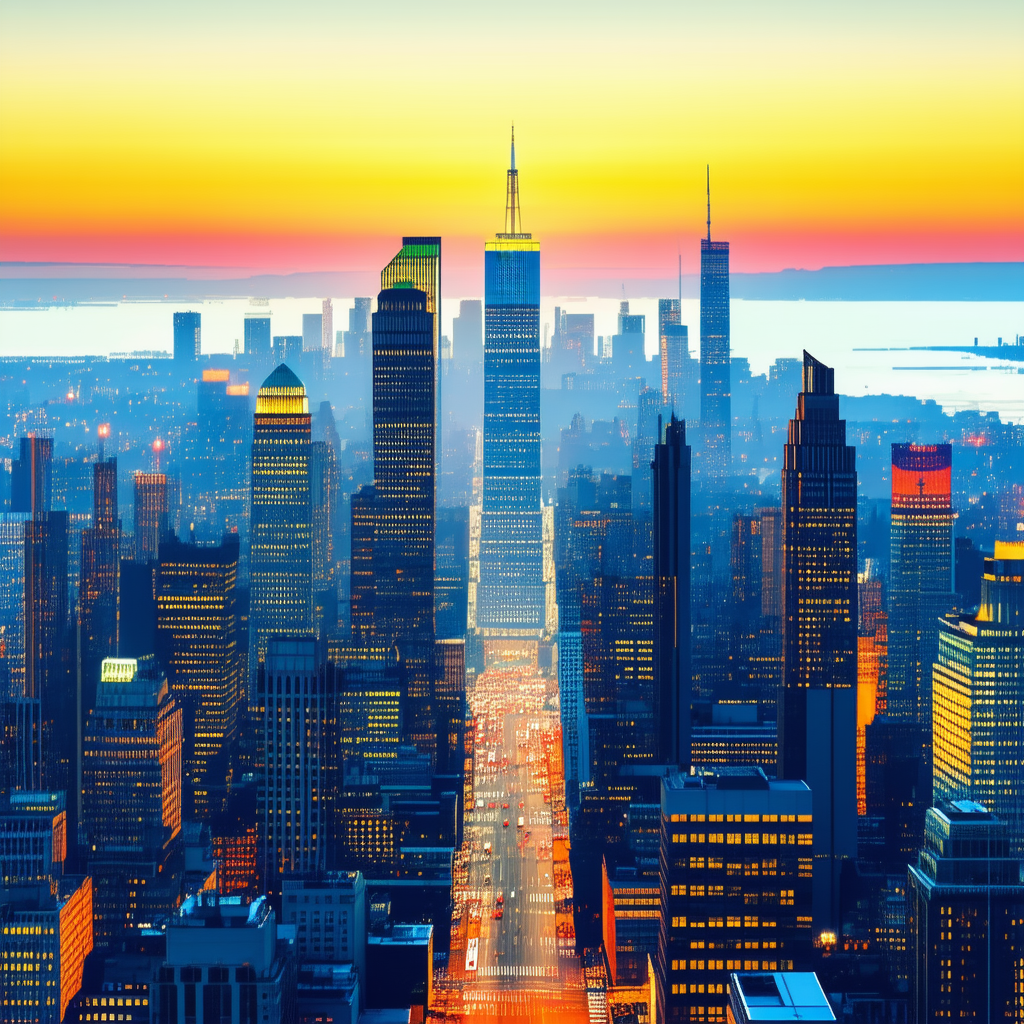 Urban Infographic Style: Cityscape Of Urban Skyline During Sunrise With Panoramic View