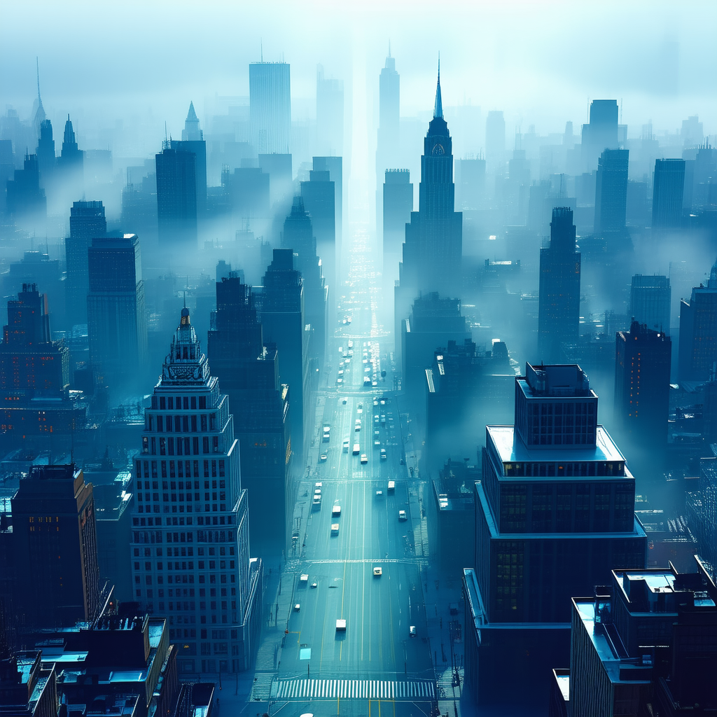 Urban Blueprint Style: Cityscape Of Downtown District During Foggy Morning With Black White