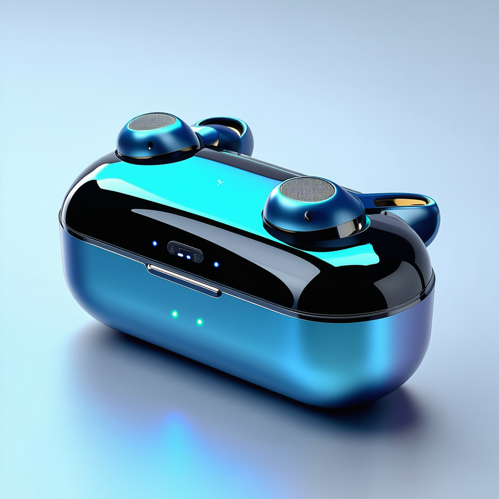 Tech Low Poly: Wireless Earbuds With Holographic Display With Blue Black
