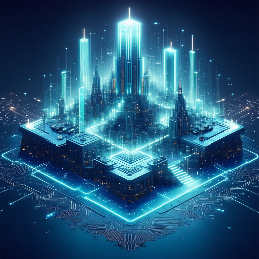 Tech Matte Painting: Blockchain Network Visualization With Futuristic Cityscape,