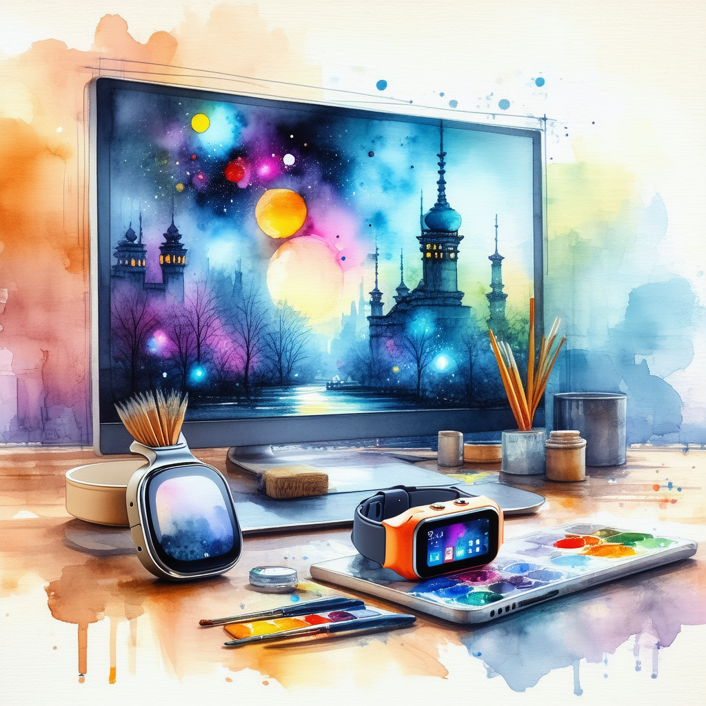 Tech Watercolor Painting: Innovative Wearable Device Design With Computer Desk