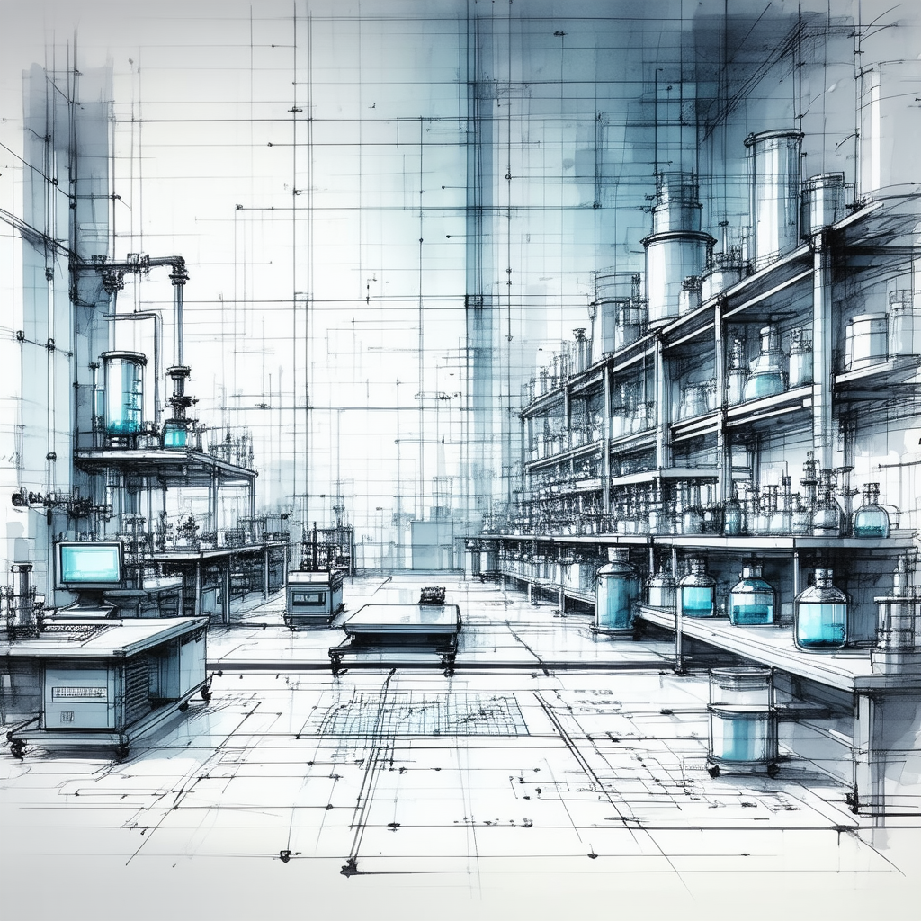 Tech Ink Drawing: Financial Technology In Modern Laboratory With Image, There