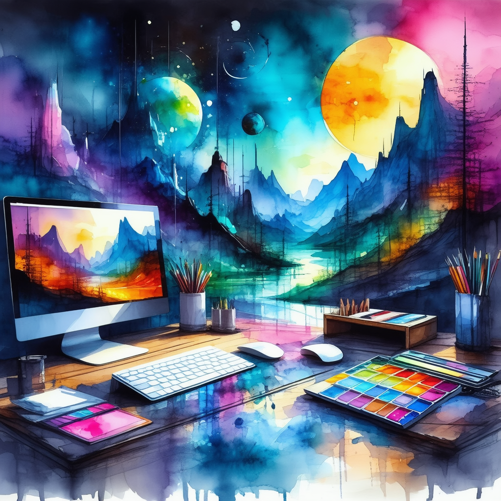 Tech Watercolor Painting: Futuristic Digital Workspace With Computer Desk