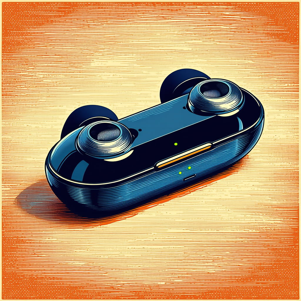 Tech Linocut Print: Wireless Earbuds With Streaming Content With Blue Black