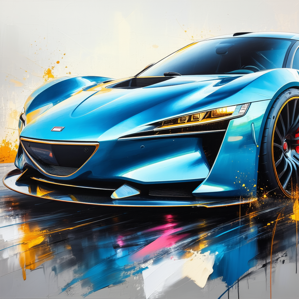 Tech Acrylic Painting: Automotive Technology In Design Studio With Blue Sports