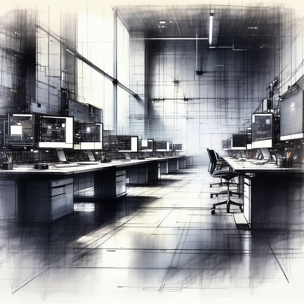 Tech Charcoal Drawing: Futuristic Tech Startup Office With Image, There