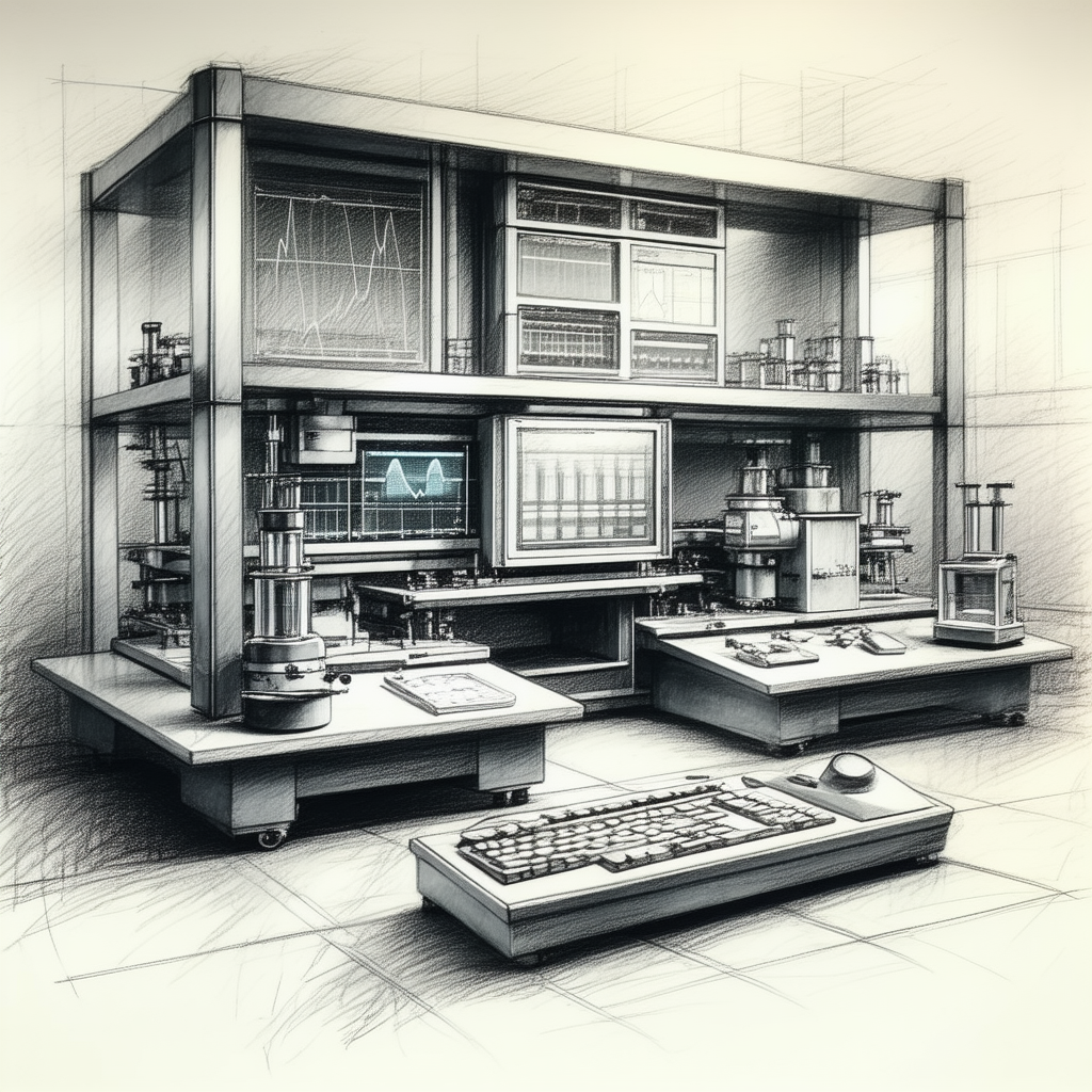 Tech Charcoal Drawing: Healthcare Technology In Research Center With Large Room