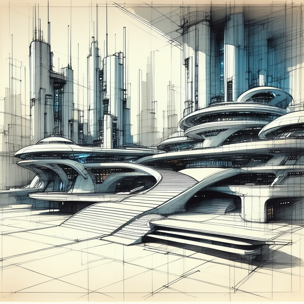 Tech Ink Drawing: Futuristic Innovation Hub With Drawing Futuristic