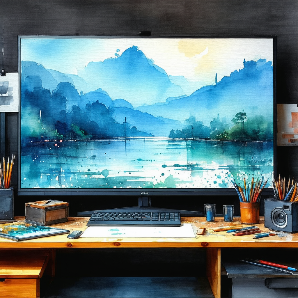 Tech Watercolor Painting: Entertainment Technology In Tech Office With Large Computer