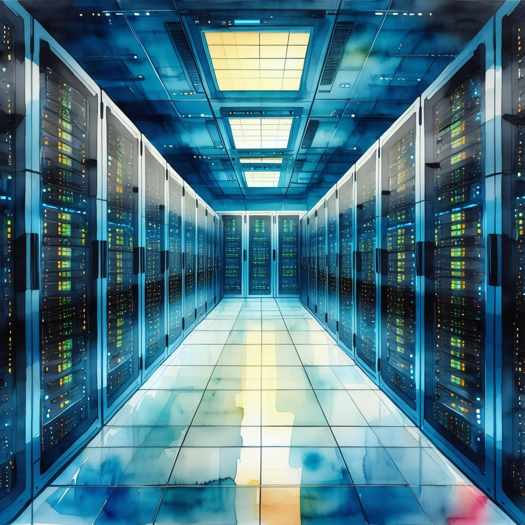 Tech Watercolor Painting: (futuristic:1.1) Server Room With Painting Computer