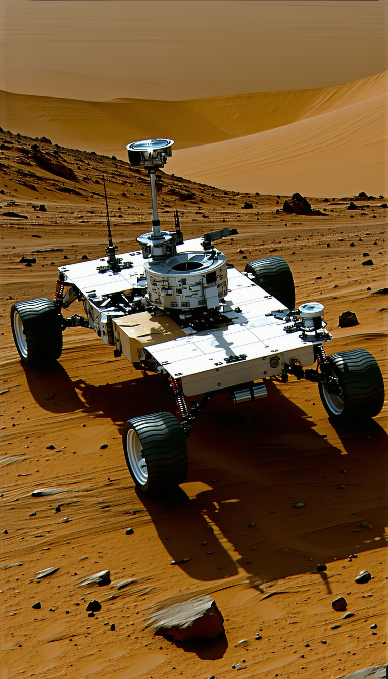 A White Rover Vehicle With A Satellite Dish On Top, Driving On A Dirt Road