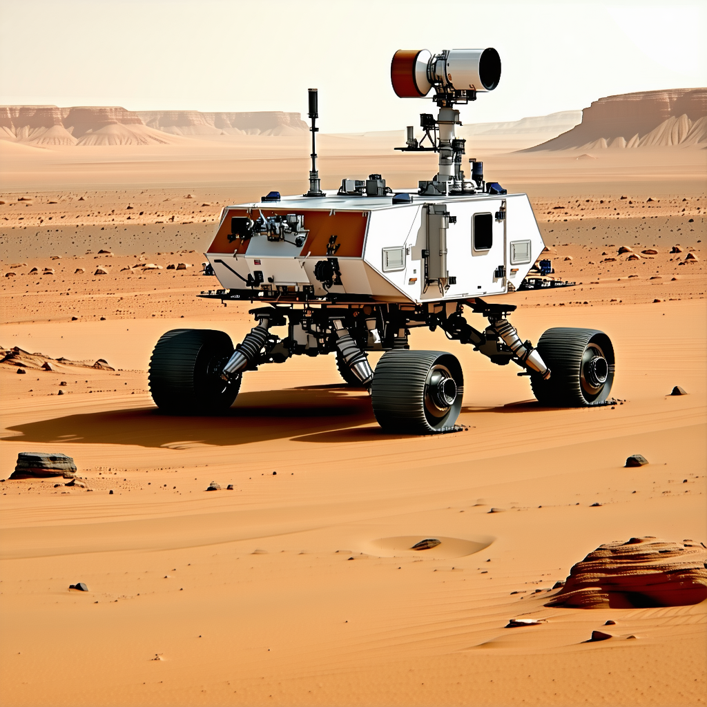 A White Robotic Vehicle, Possibly A Rover, Driving Across A Sandy Terrain