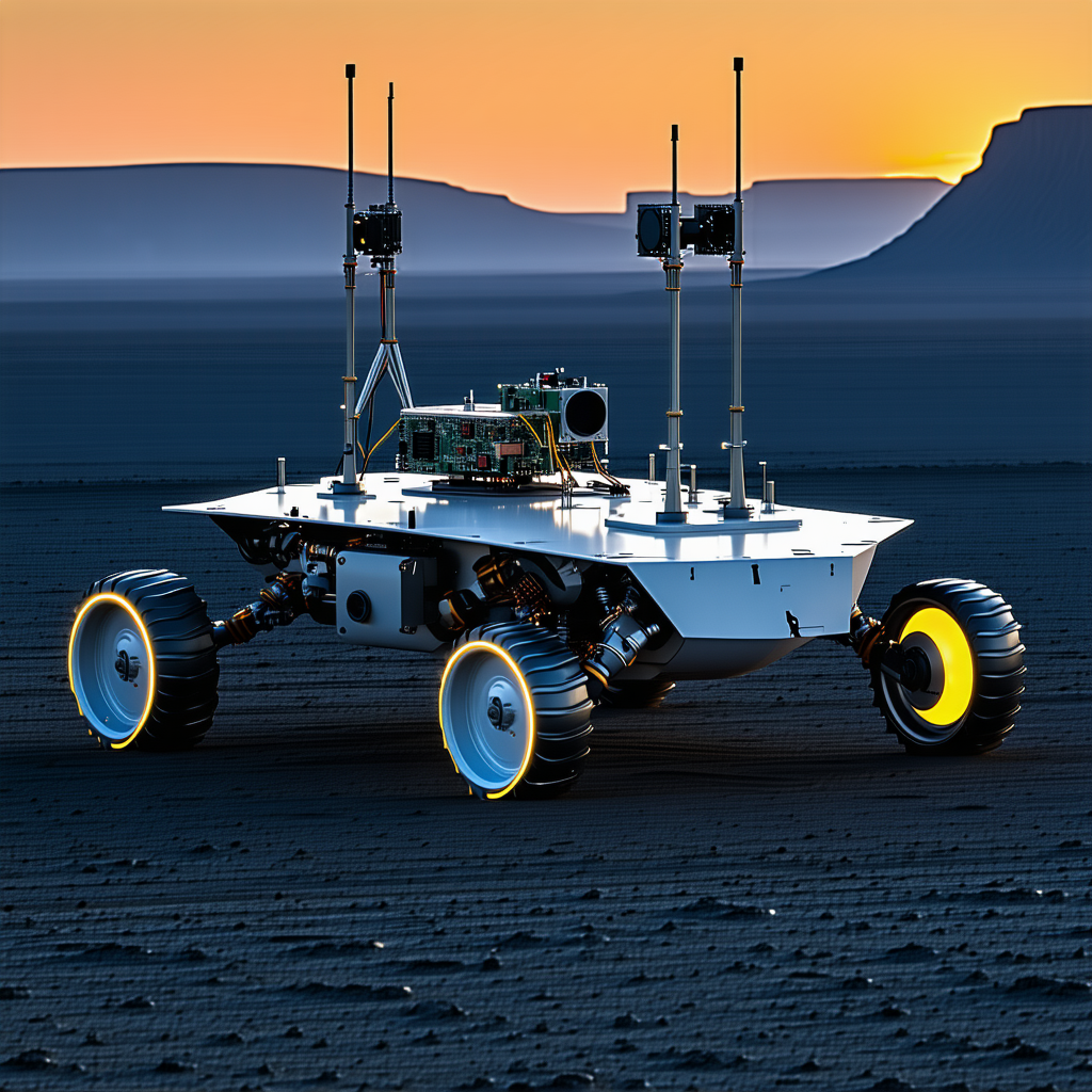 A White Robotic Vehicle With Four Wheels, Driving Across A Dirt Field