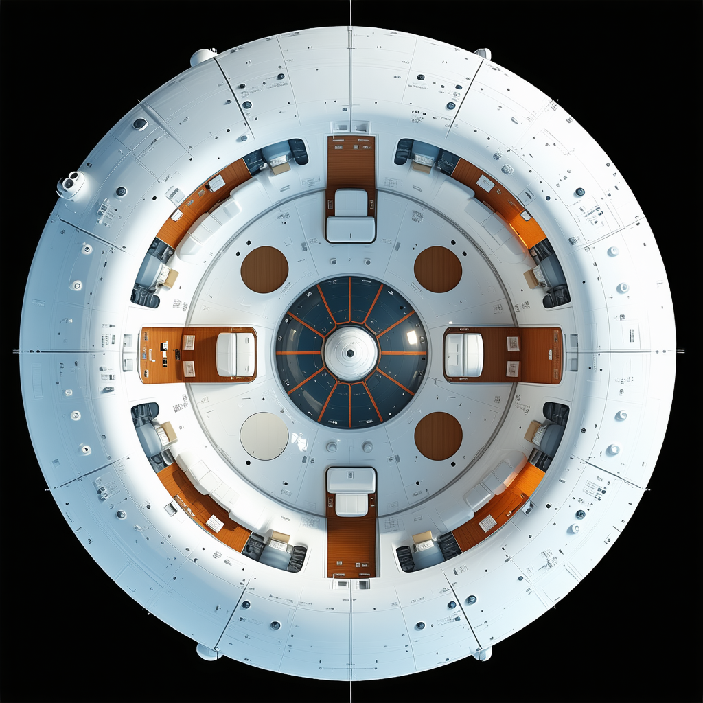 The Image Is A Close-up Of A Spacecraft, Likely A Space Station, With A Large White Dome On Top