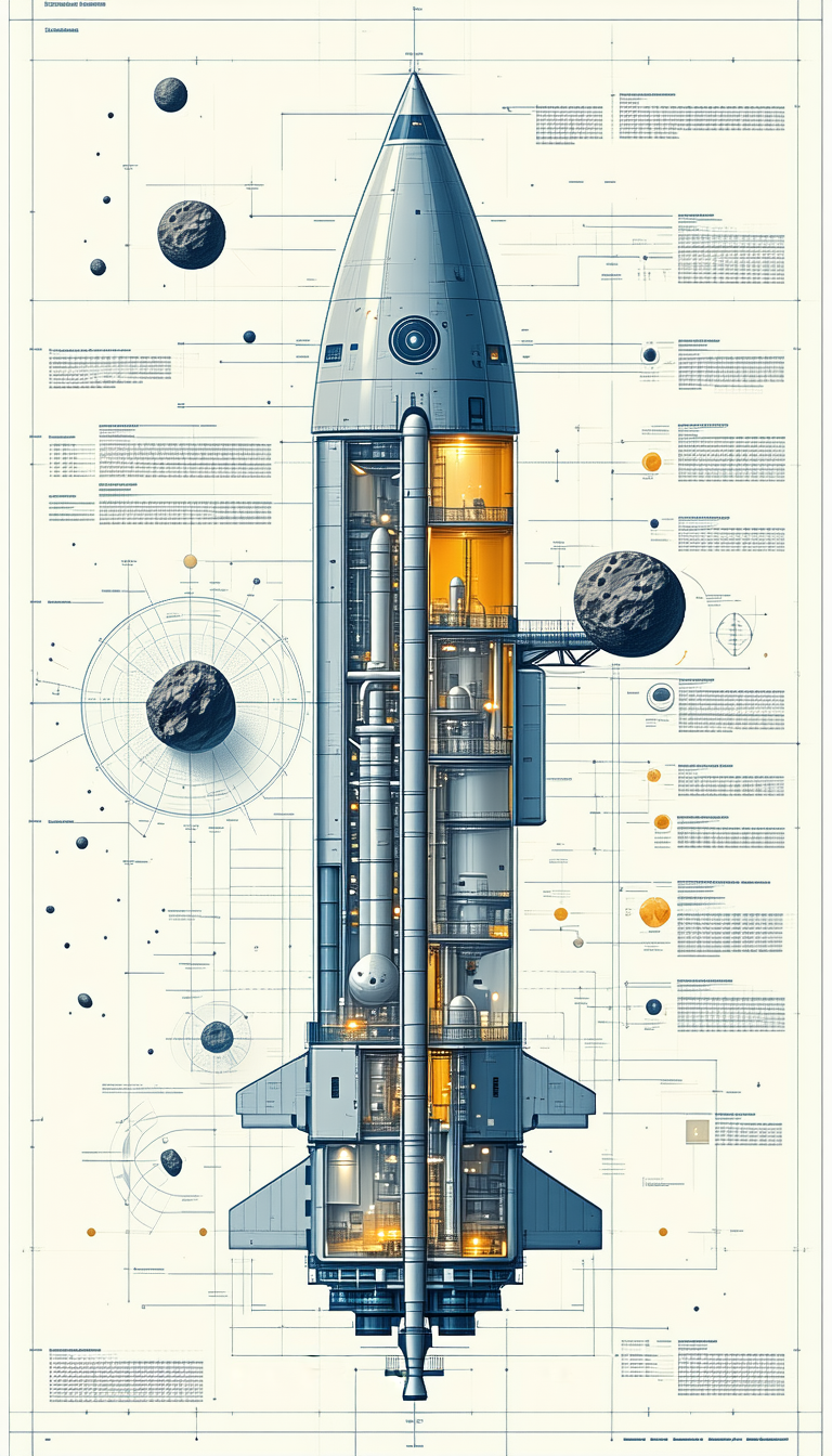 A Space Shuttle Is Shown In A Detailed Drawing, With A Large Rocket Ship In The Center