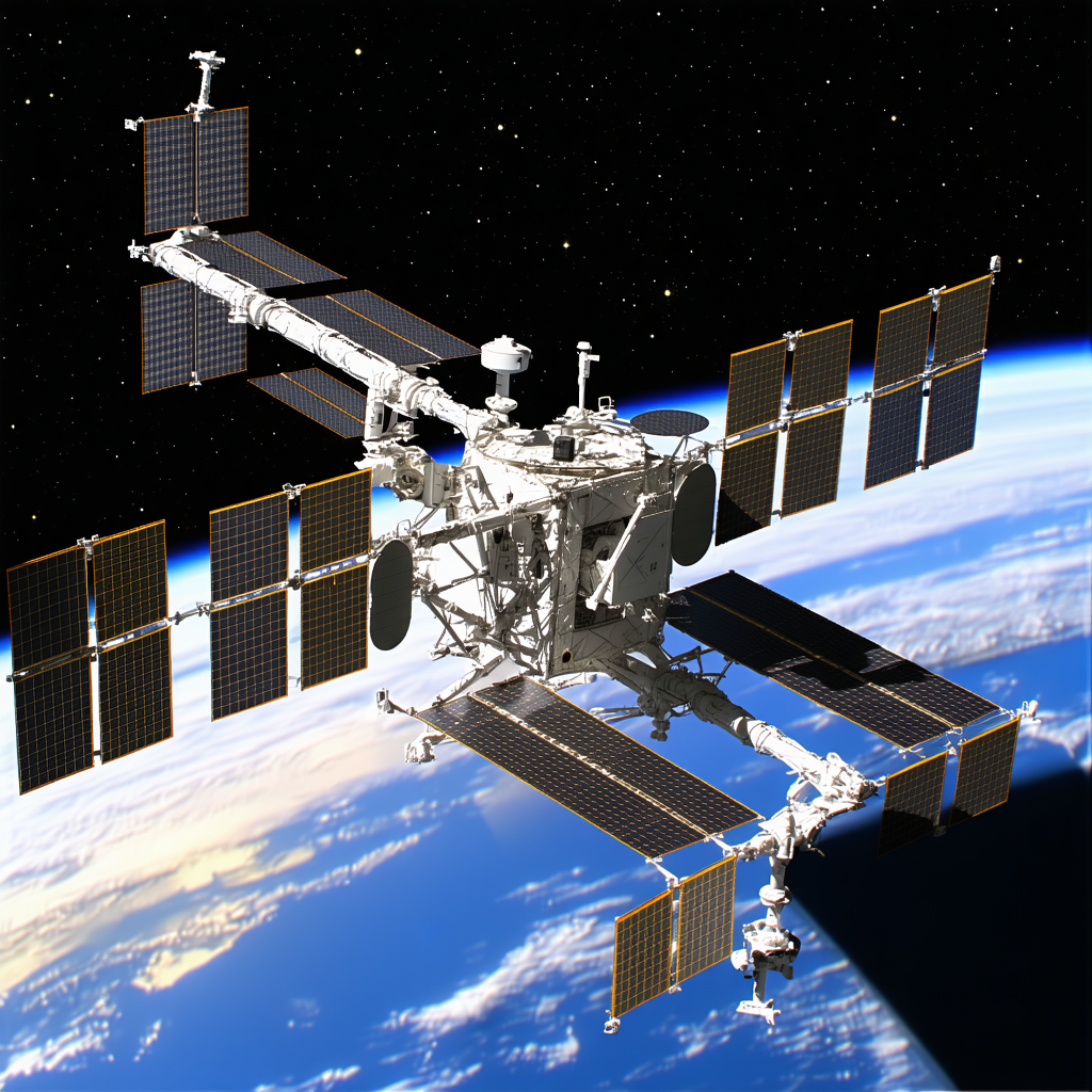 A Large Spacecraft With A Satellite Dish On Its Side, Floating In The Sky