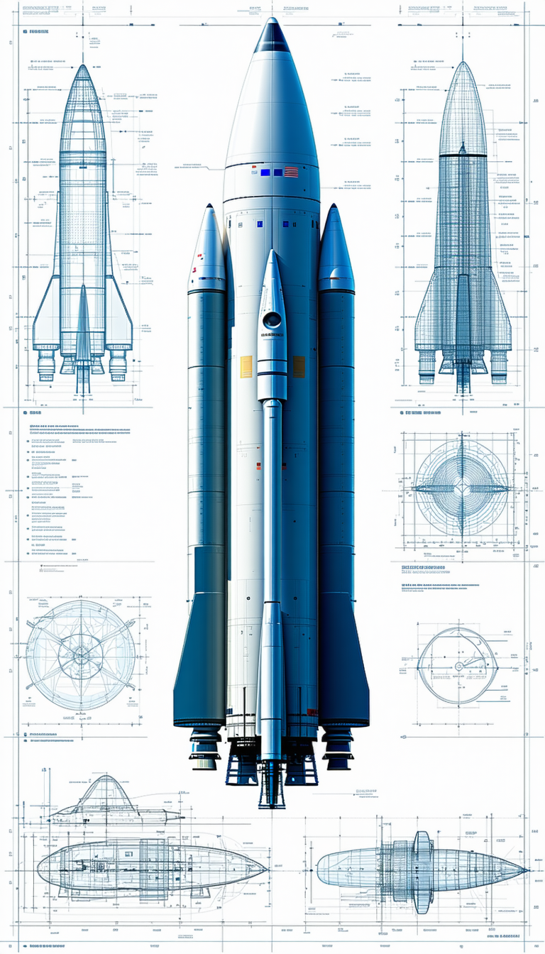 A Large Blue Rocket Ship Is Shown In A Series Of Blueprints