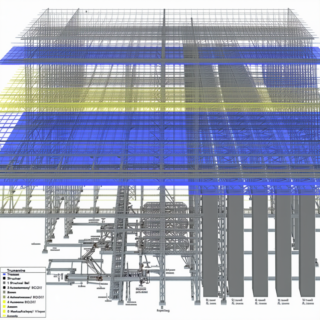 The Image Is A Blue And Yellow Drawing Of A Building, Possibly A Factory Or A Warehouse