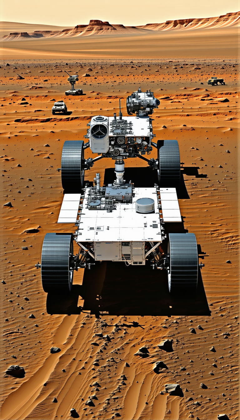 A Large, White, And Silver Robotic Vehicle With Four Wheels, Driving On A Dirt Road