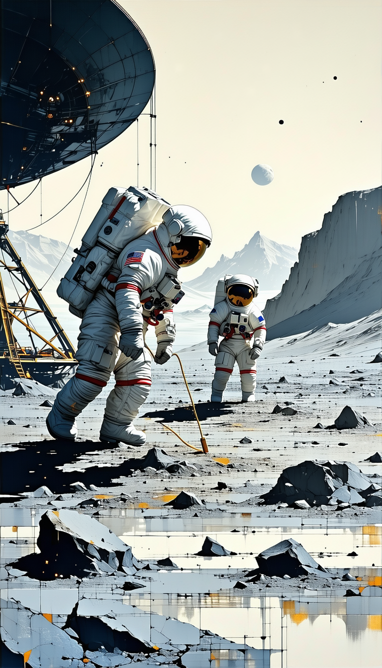 In The Image, There Are Two Astronauts Standing On A Rocky Surface, Possibly On The Moon